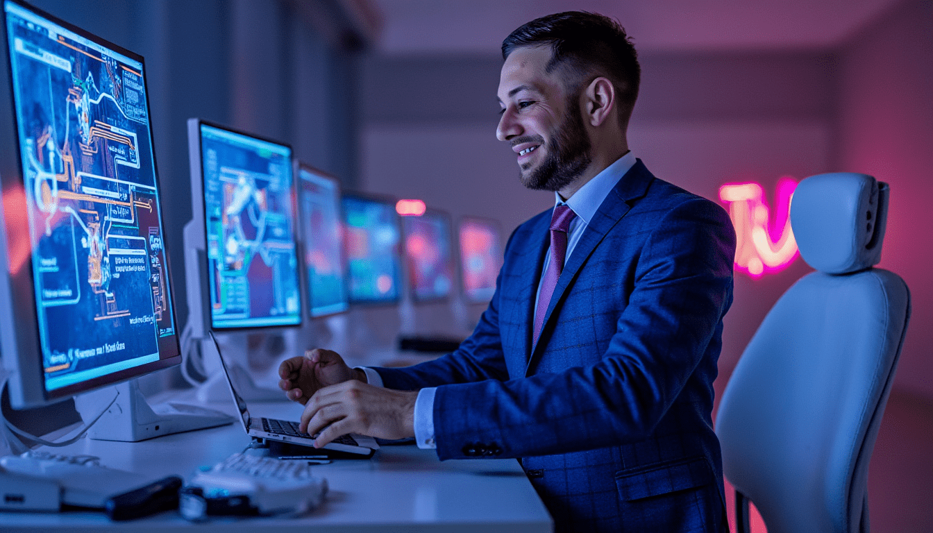 Sci-Fi of FABIOAI automating tasks with holographic screens in a futuristic office, powerful energy mood, neon colors