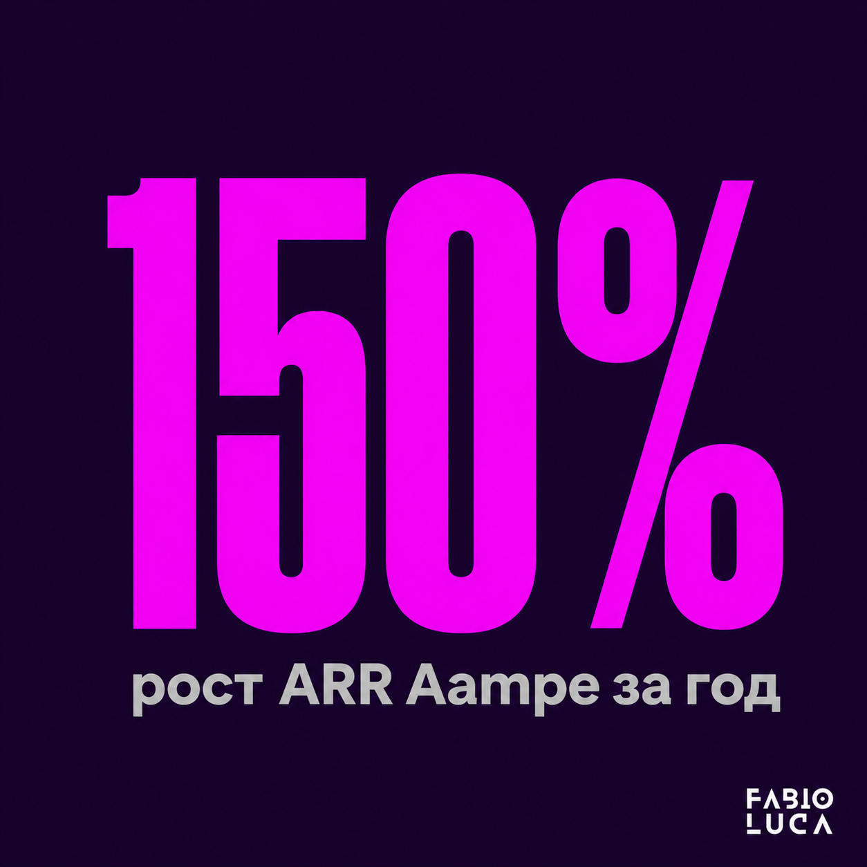 type=stat_card | about=рост годовой выручки Aampe за последний год | stat=150% | caption=рост ARR Aampe за год | visual=dark panel #1A082F, stat in bold Montserrat #E900FF, caption in #B6B6B6, tight e