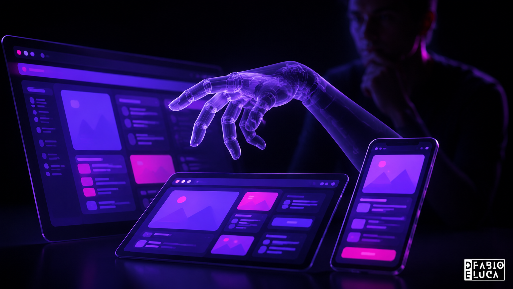 type=concept | about=агент, который видит и действует в интерфейсах вместо человека: освобождение от рутины, но с рисками длинной цепочки действий | visual=a translucent robotic hand hovering above a 