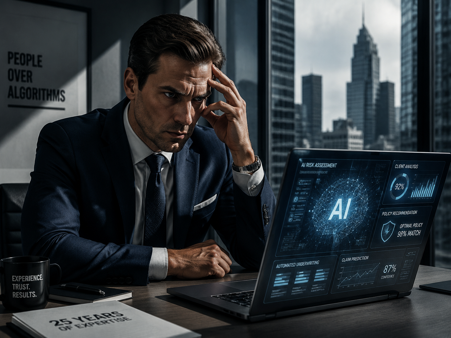 frustrated insurance agent sitting at desk with laptop showing AI interface, modern office setting, muted tones