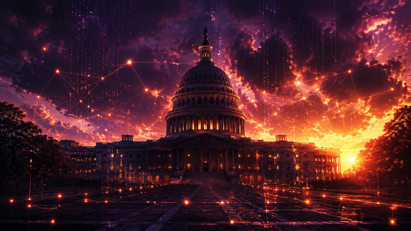 US government building with digital AI network overlay, dramatic evening light