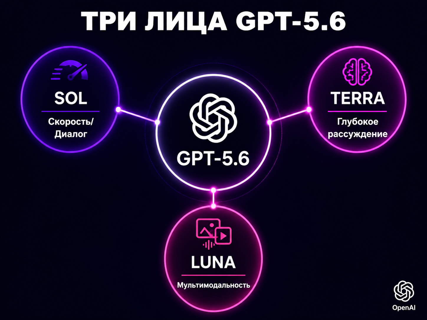 type=diagram | about=три модели GPT-5.6 с разными профилями: Sol-скорость, Terra-рассуждение, Luna-мультимодальность | steps=Sol (скорость/диалог) -> Terra (глубокое рассуждение) -> Luna (мультимодаль