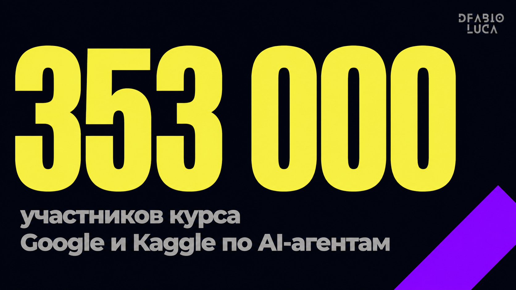 type=stat_card | stat=353 000 | caption=участников курса Google и Kaggle по AI-агентам | visual=dark background #020715, stat in #F9F367 large bold Montserrat, caption in #B6B6B6, minimal layout, bran