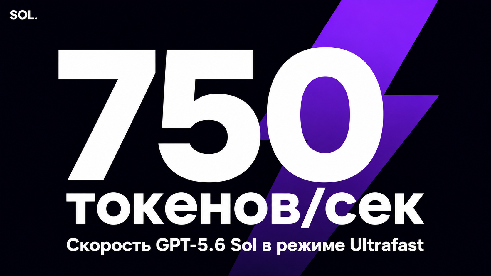 type=stat_card | stat=750 токенов/сек | caption=Скорость GPT-5.6 Sol в режиме Ultrafast | visual=dark background #020715, violet accent #8D36F9, large bold number, Montserrat font, minimal layout