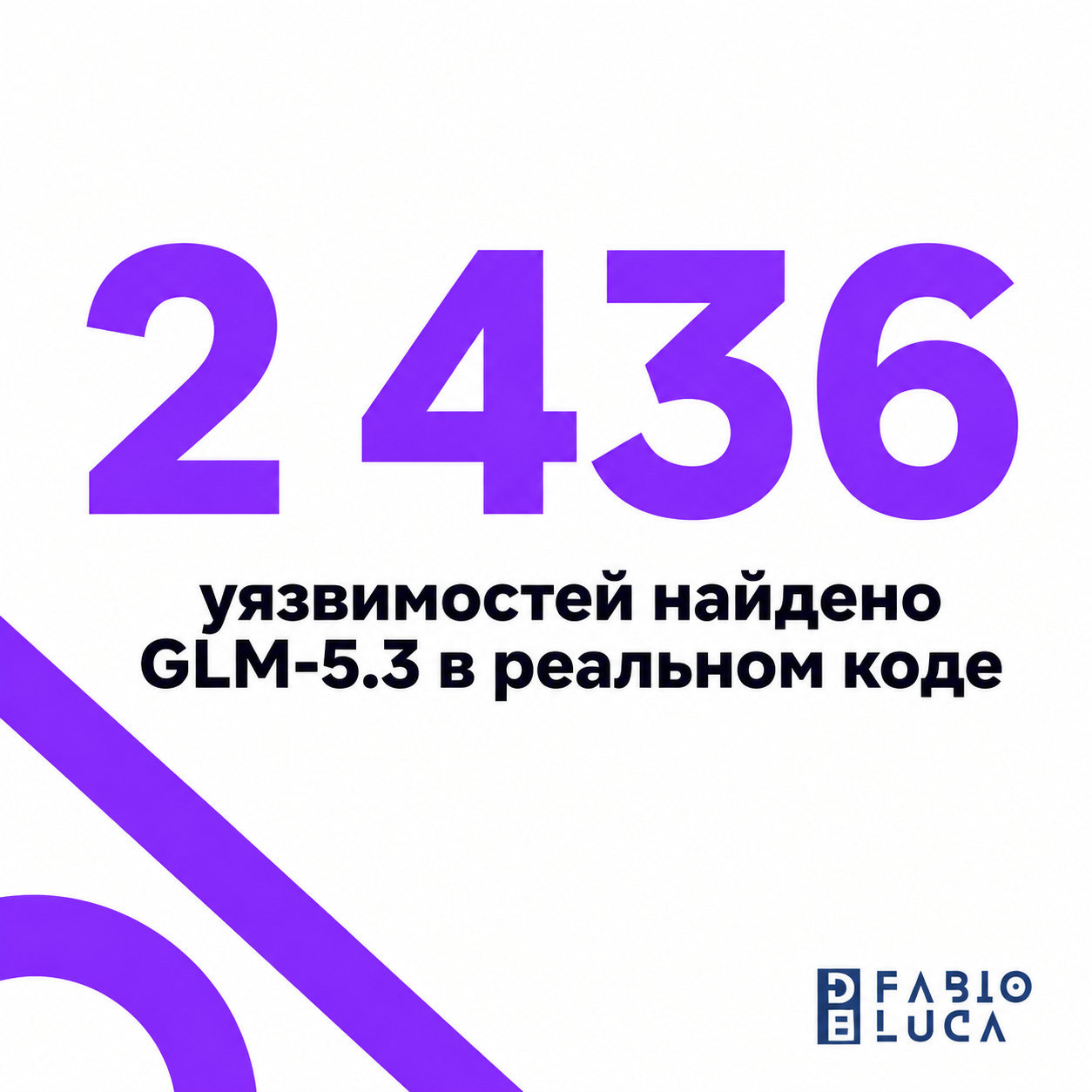 type=stat_card | stat=2 436 | caption=уязвимостей найдено GLM-5.3 в реальном коде | visual=dark #020715 background, violet accent #8D36F9, bold Montserrat, tense security theme