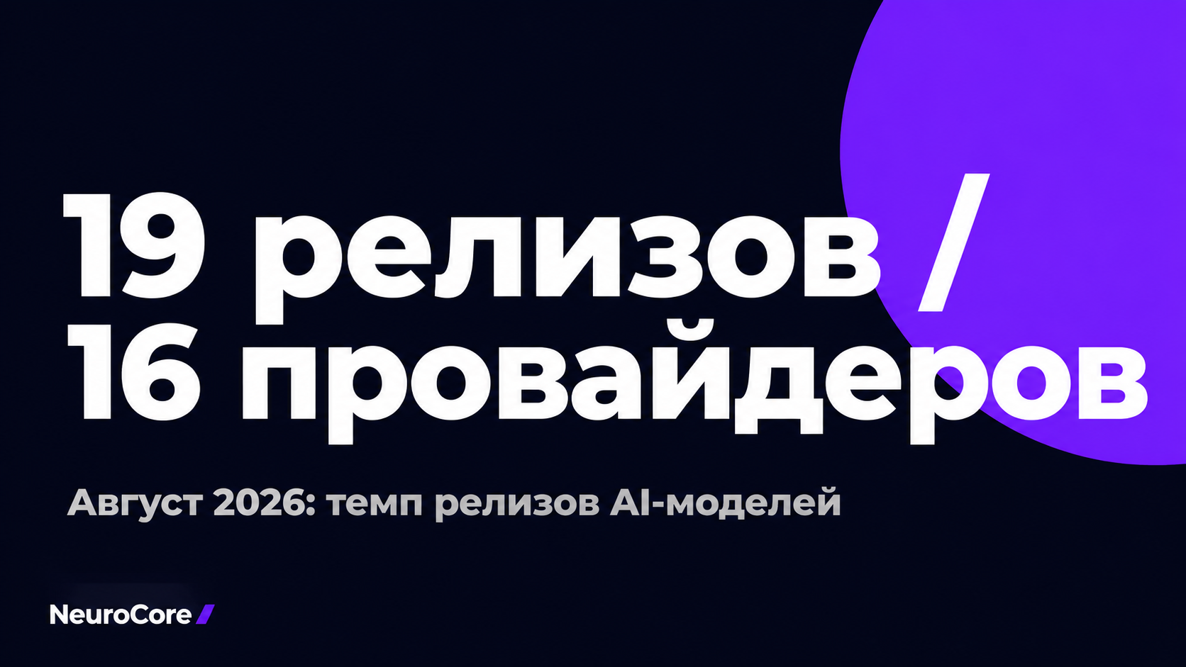 type=stat_card | stat=19 релизов / 16 провайдеров | caption=Август 2026: темп релизов AI-моделей | visual=dark background #020715, violet accent #8D36F9, Montserrat Bold, цифры крупно, подпись серым #